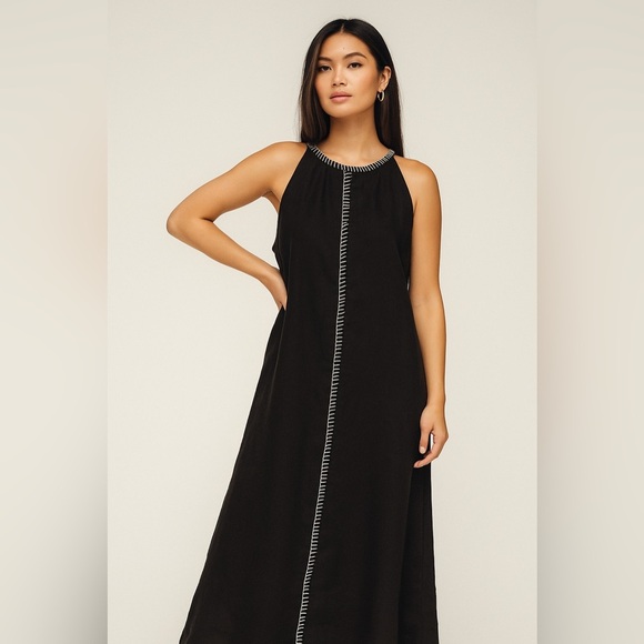 Magaschoni Dresses & Skirts - Magaschoni 100% Linen A-line Maxi Dress White Whipstitch boho coquette black 6
